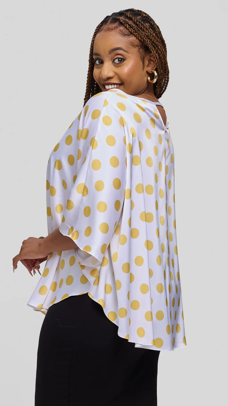 Vivo Keza Circular Loose Top in Satin - White / Yellow Polka Print