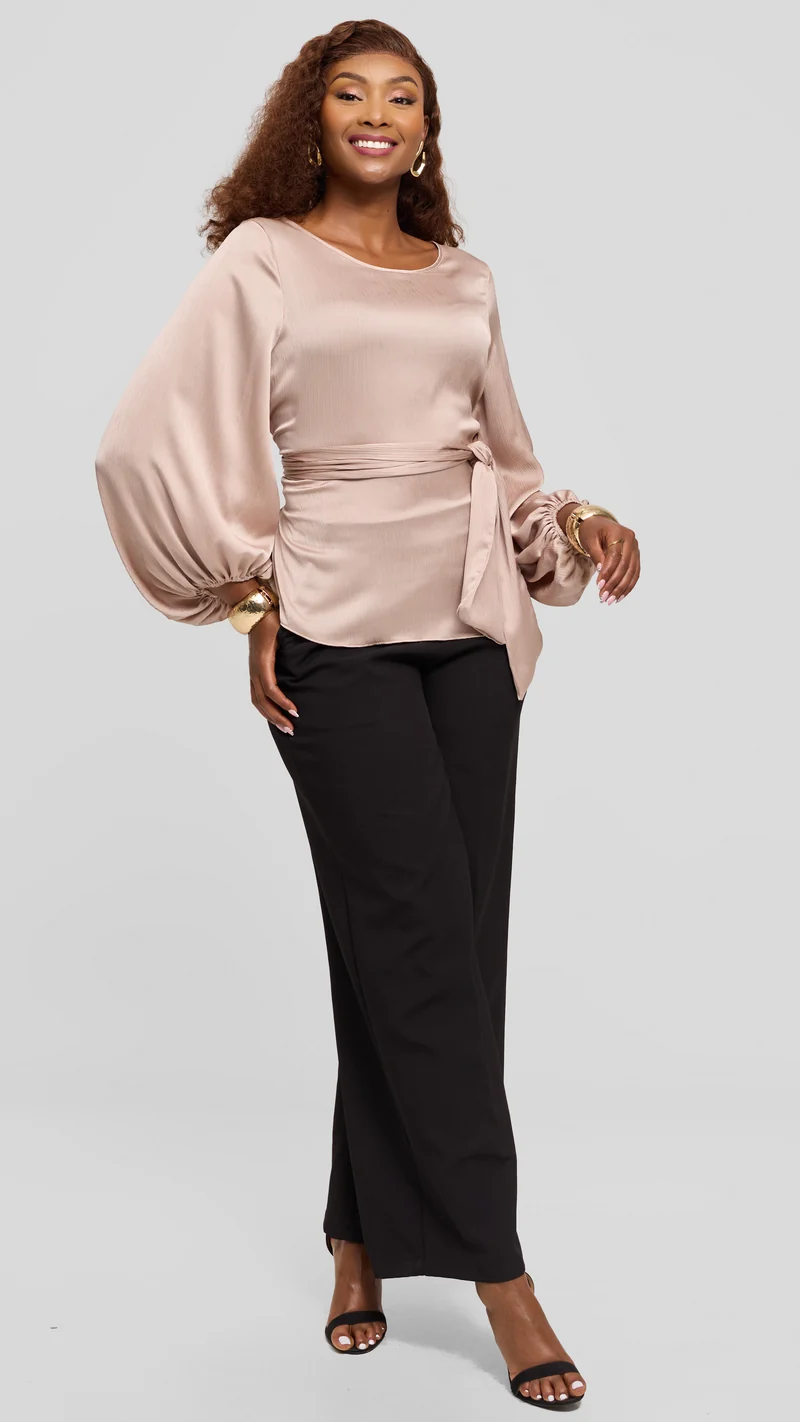 Vivo Izzy Bishop Sleeve Top in Textured Satin - Light Taupe