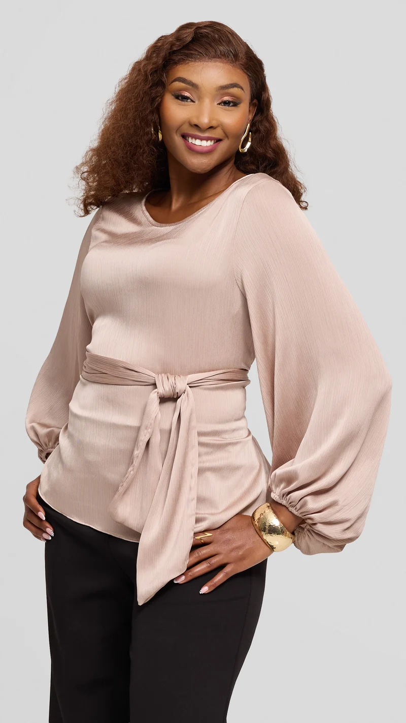 Vivo Izzy Bishop Sleeve Top in Textured Satin - Light Taupe