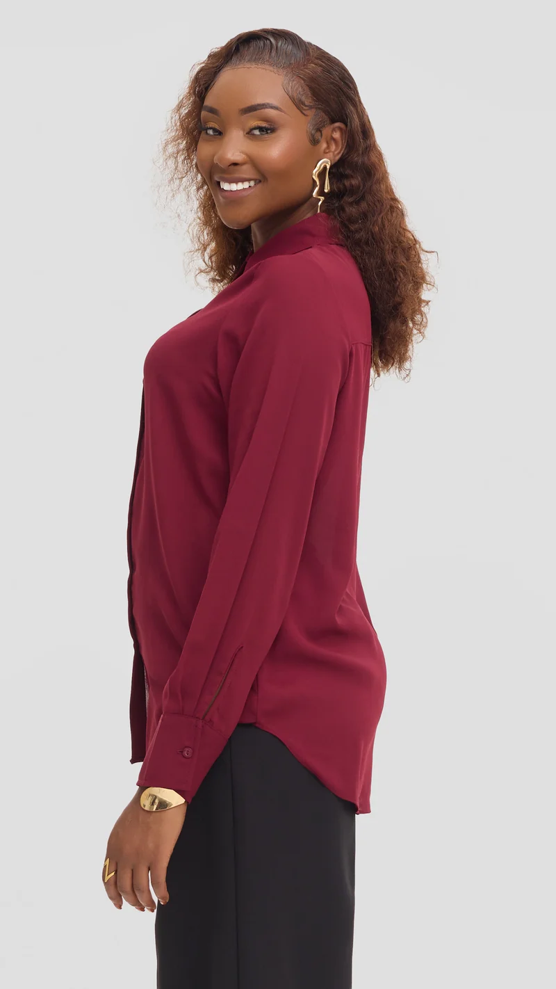 Vivo Button Up Shirt in Chiffon - Maroon