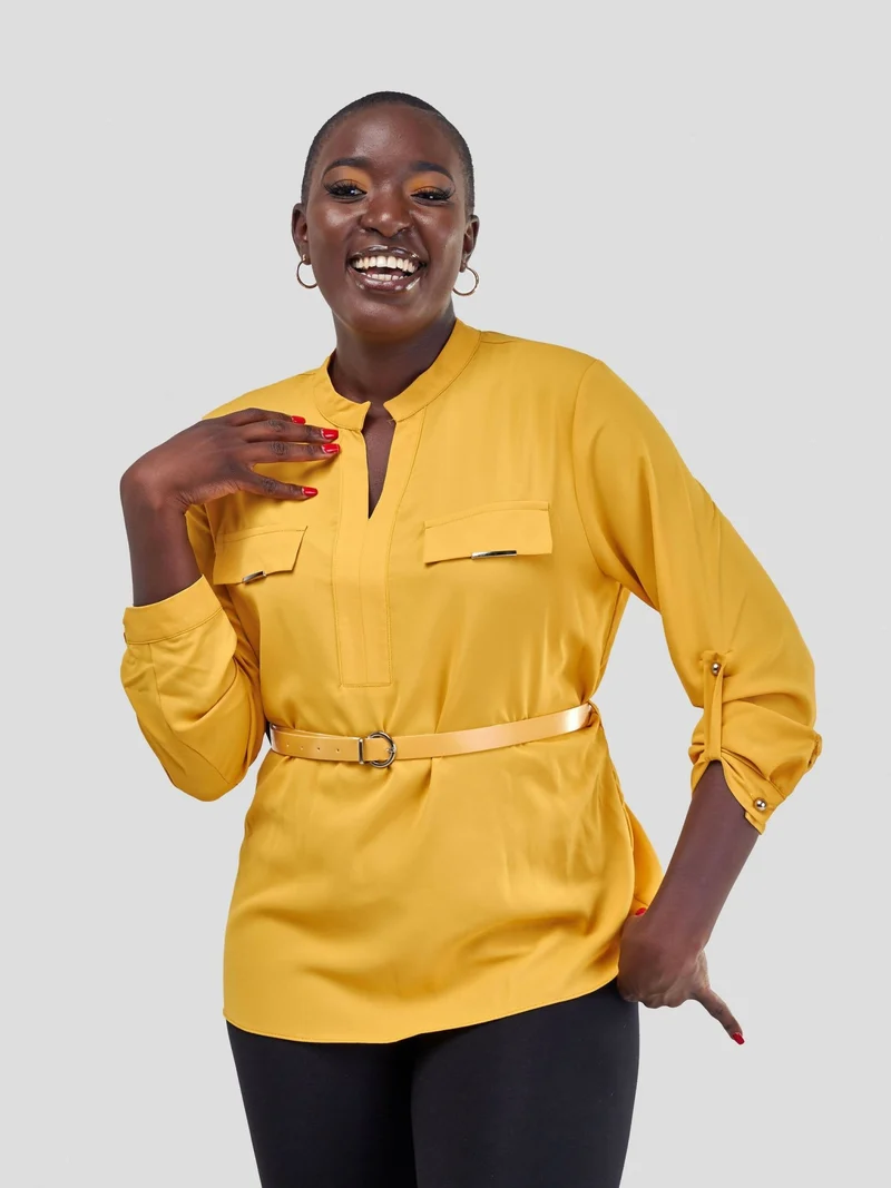 The Fashion Frenzy Mock Pocket Long Sleeve Blouse - Mustard