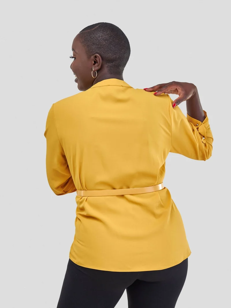 The Fashion Frenzy Mock Pocket Long Sleeve Blouse - Mustard