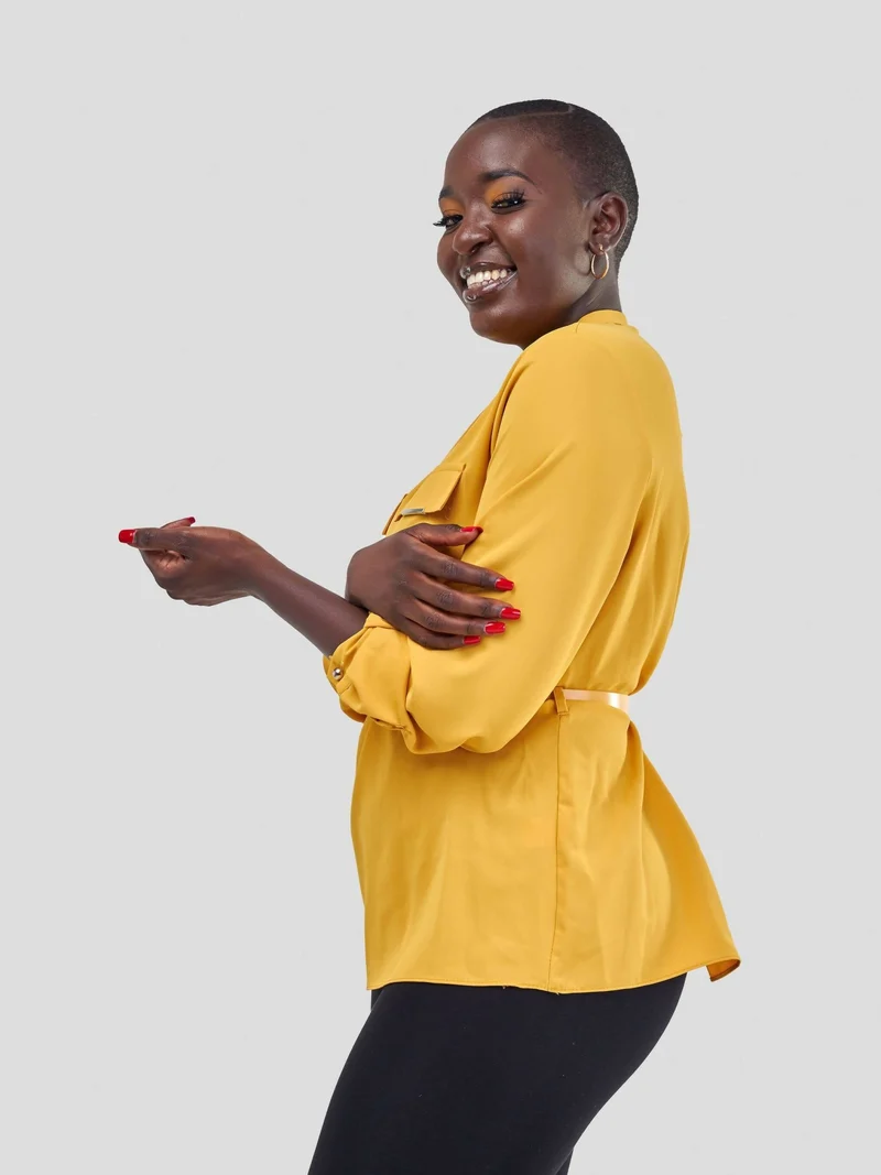 The Fashion Frenzy Mock Pocket Long Sleeve Blouse - Mustard