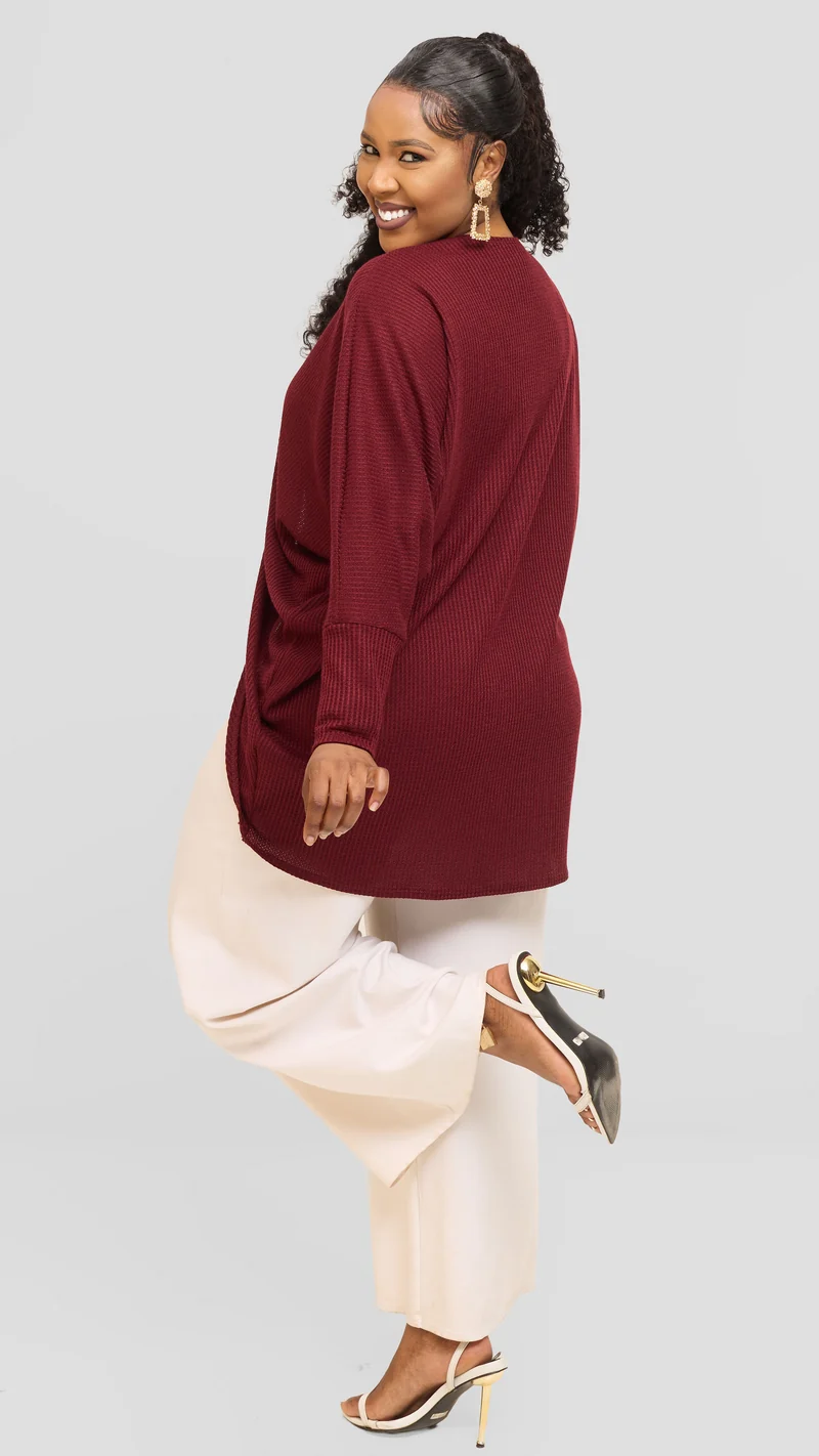 Vivo Butterfly Kimono in Rib Sweater - Maroon