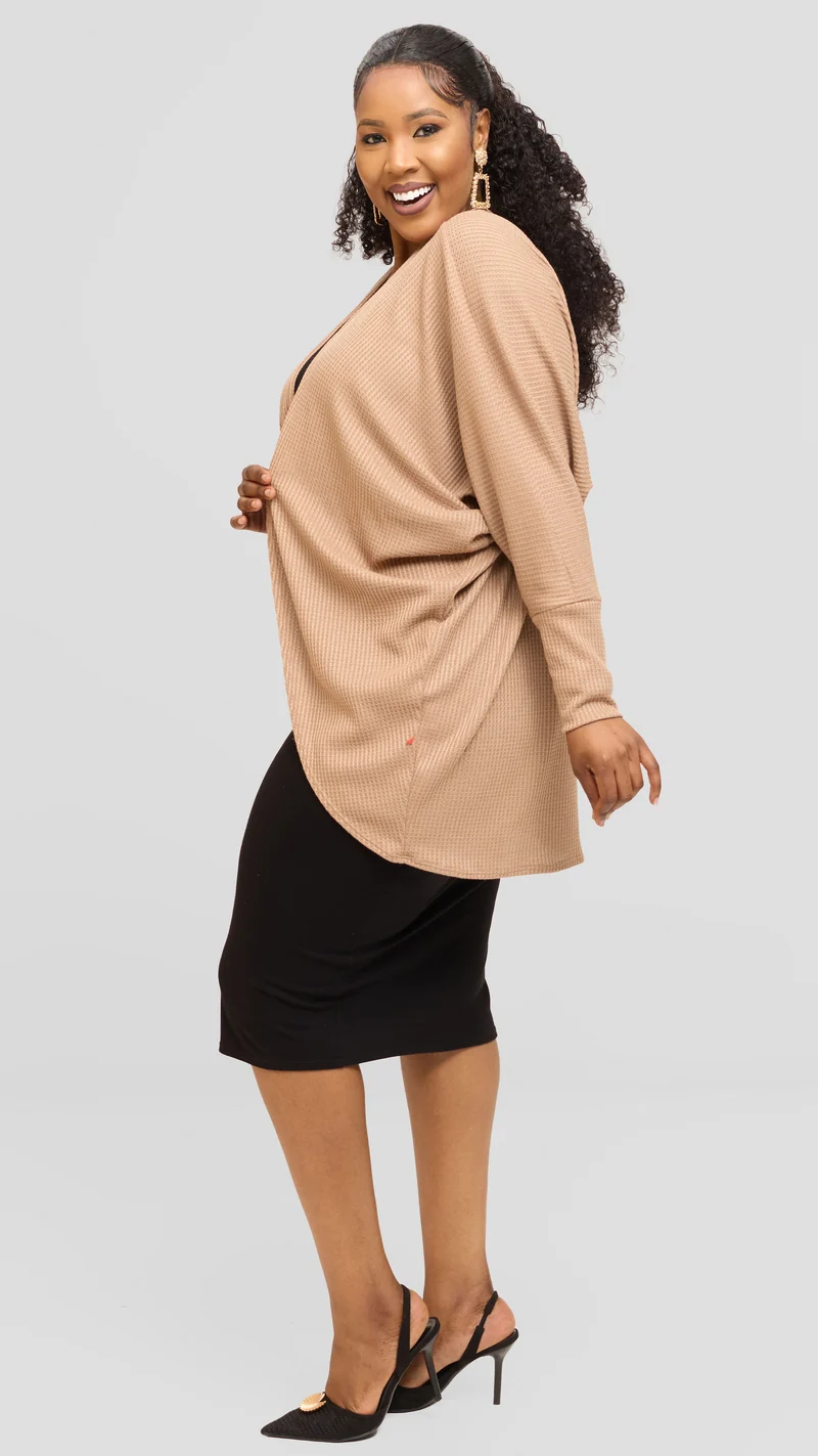 Vivo Butterfly Kimono in Rib Sweater - Taupe