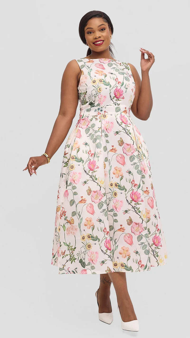The Fashion Frenzy Liora Garden Midi Dress - Cream Print
