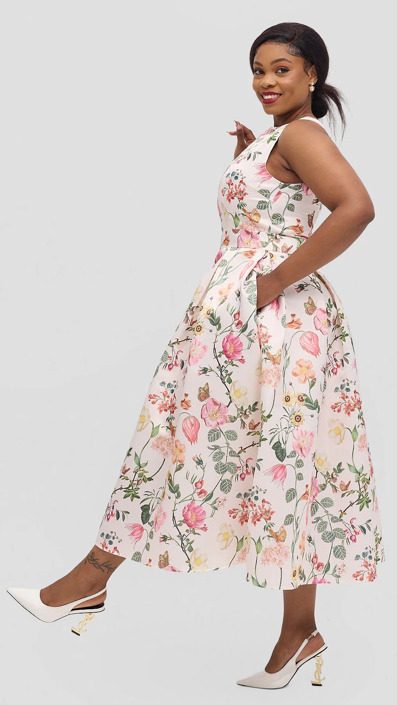 The Fashion Frenzy Liora Garden Midi Dress - Cream Print