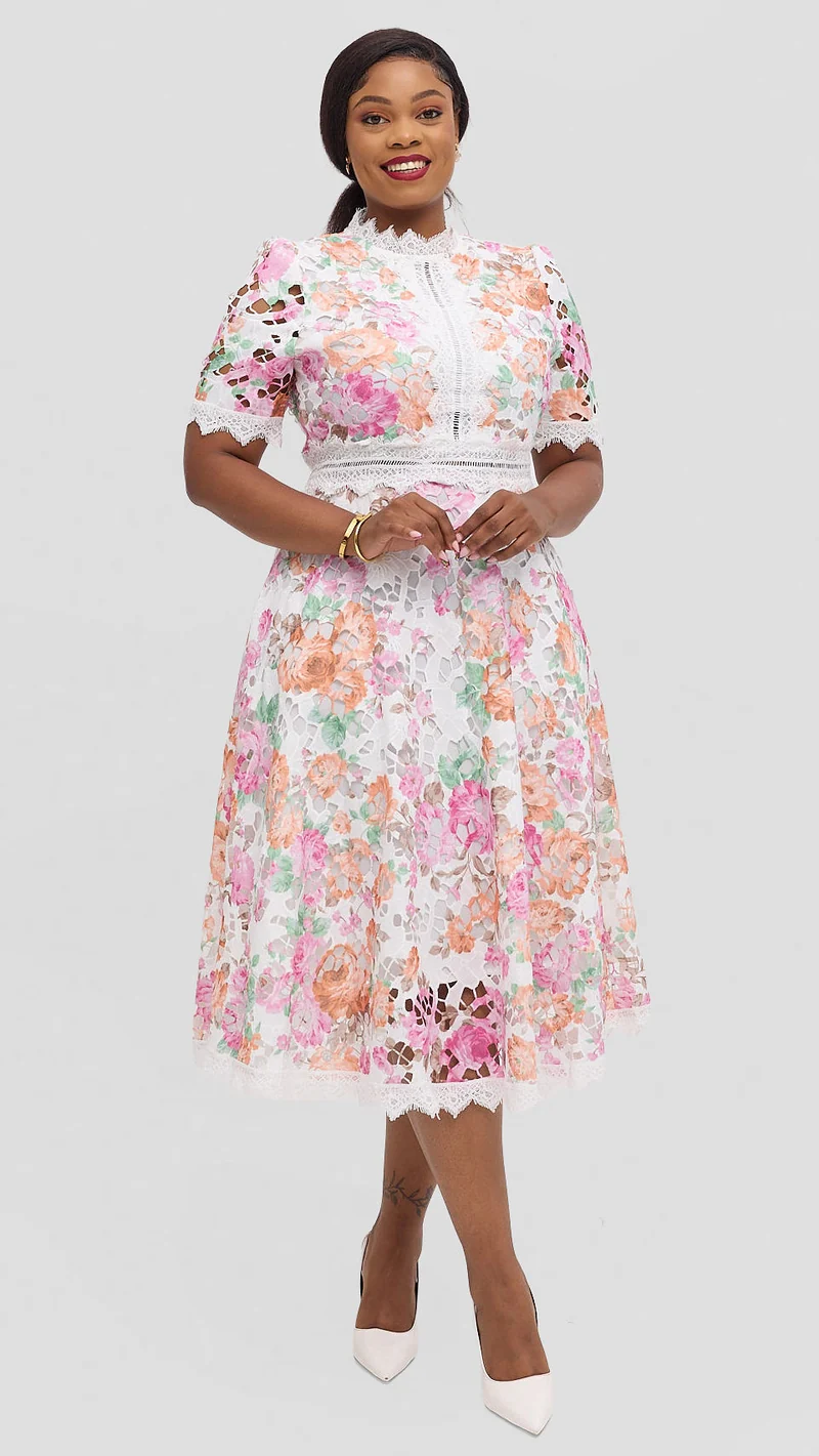 The Fashion Frenzy Eliana Floral Lace Dress - White Print