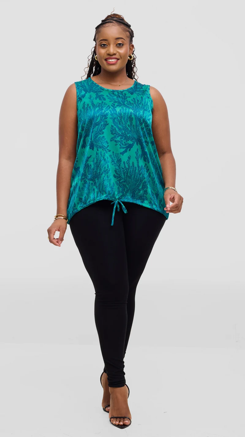 Vivo Liora Sleeveless Drawstring Top In Satin - Green / Teal Print