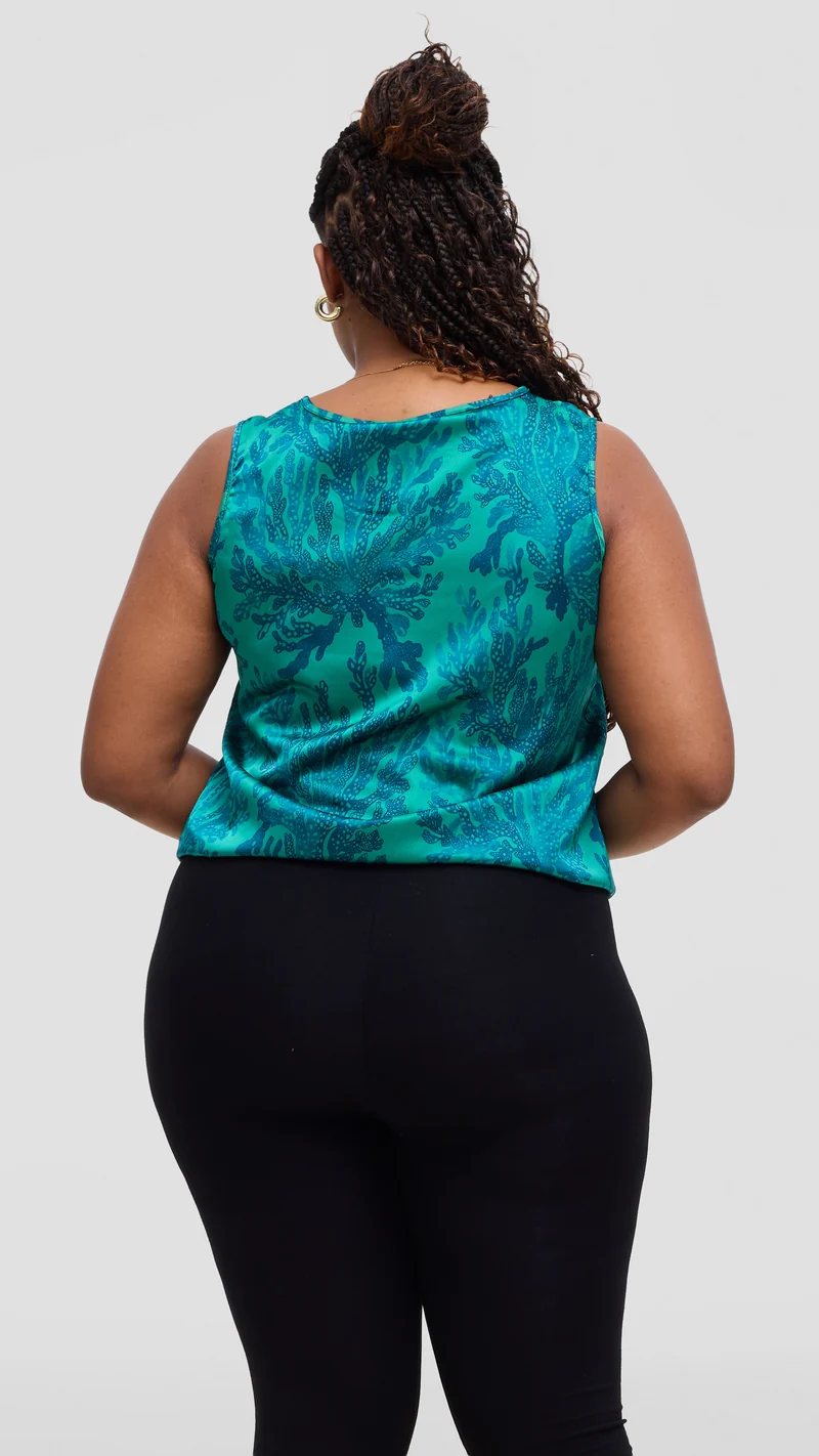 Vivo Liora Sleeveless Drawstring Top In Satin - Green / Teal Print