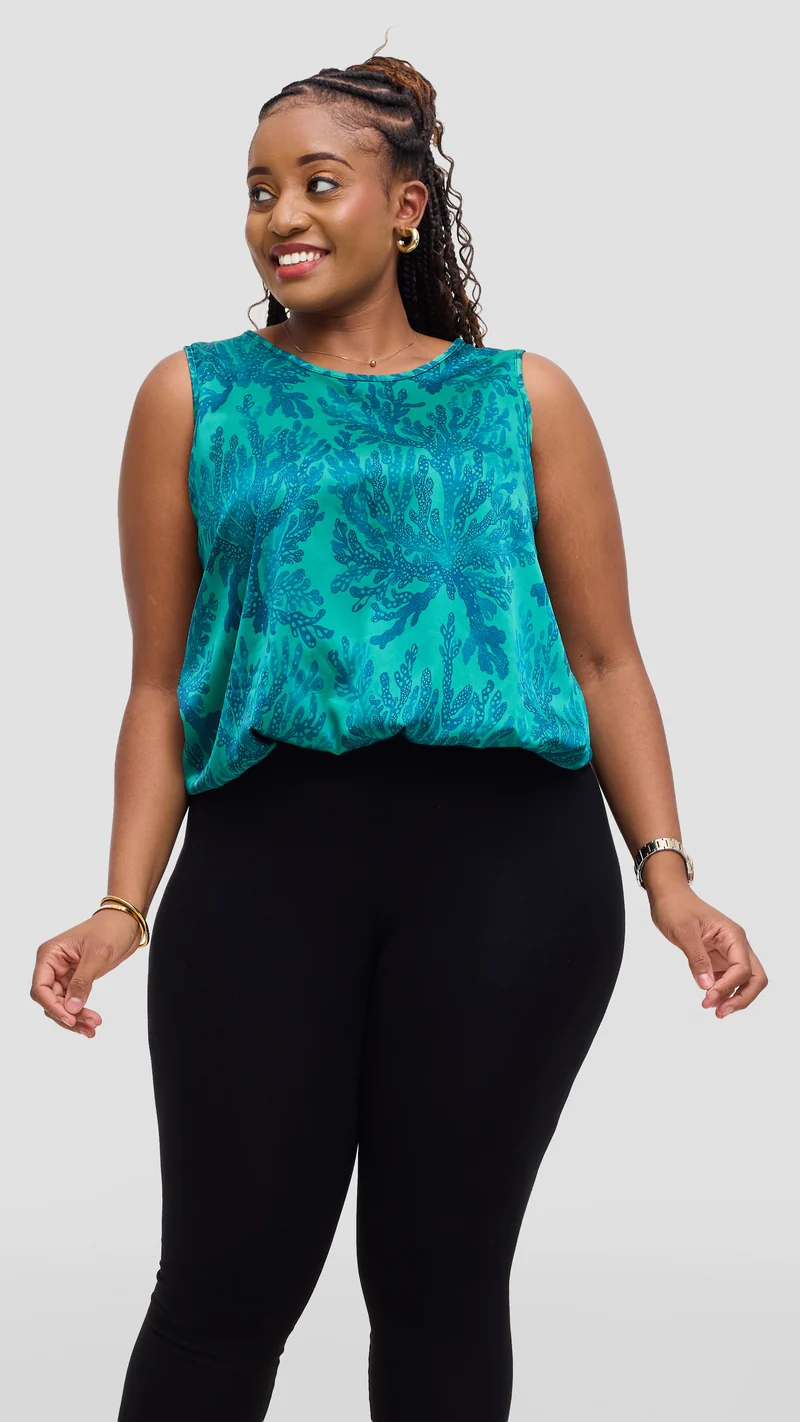 Vivo Liora Sleeveless Drawstring Top In Satin - Green / Teal Print