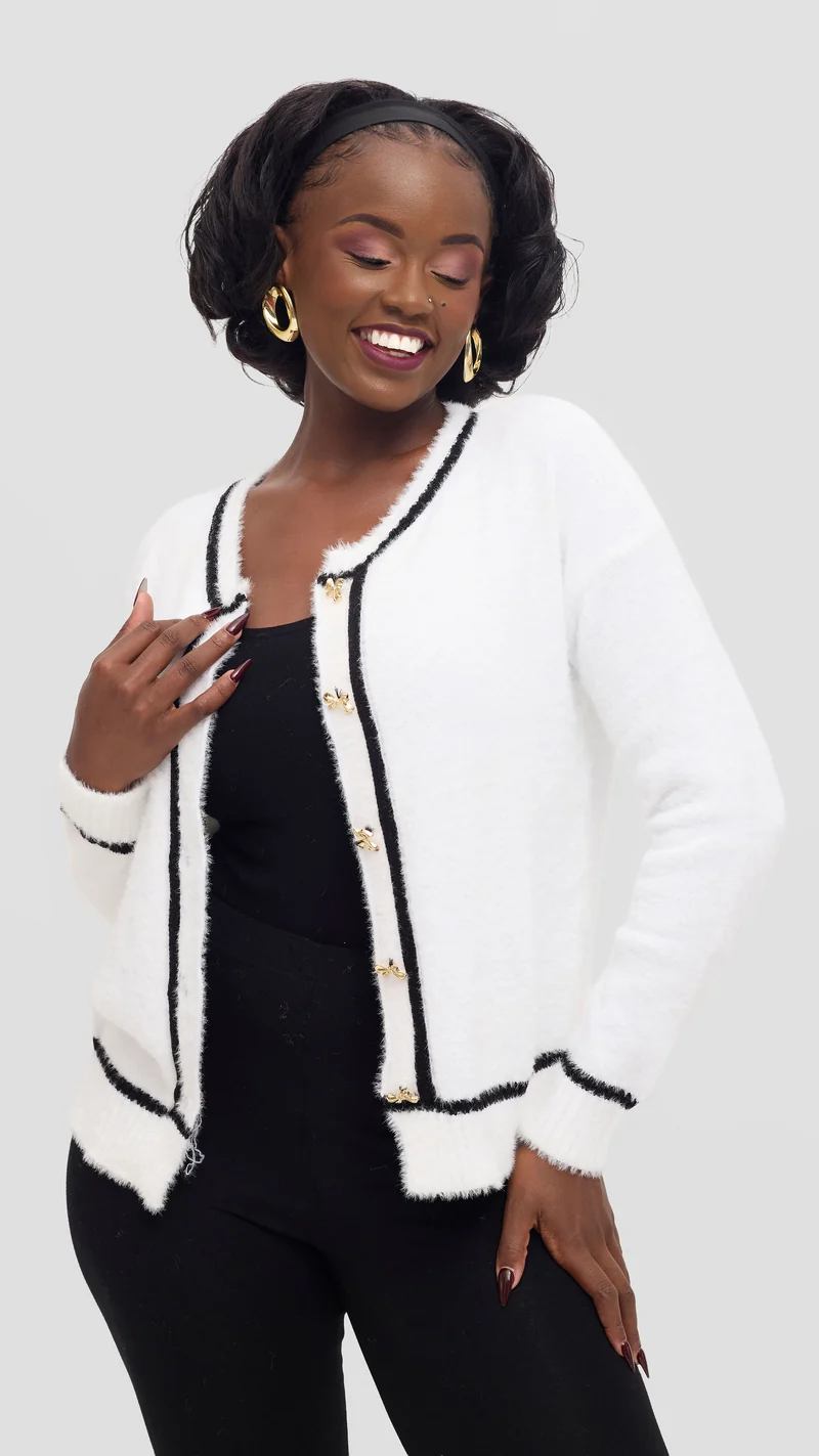 The Fashion Frenzy White Contrast Trim Knit Cardigan - White