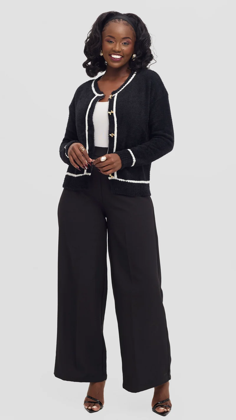 The Fashion Frenzy Black Contrast Trim Knit Cardigan - Black