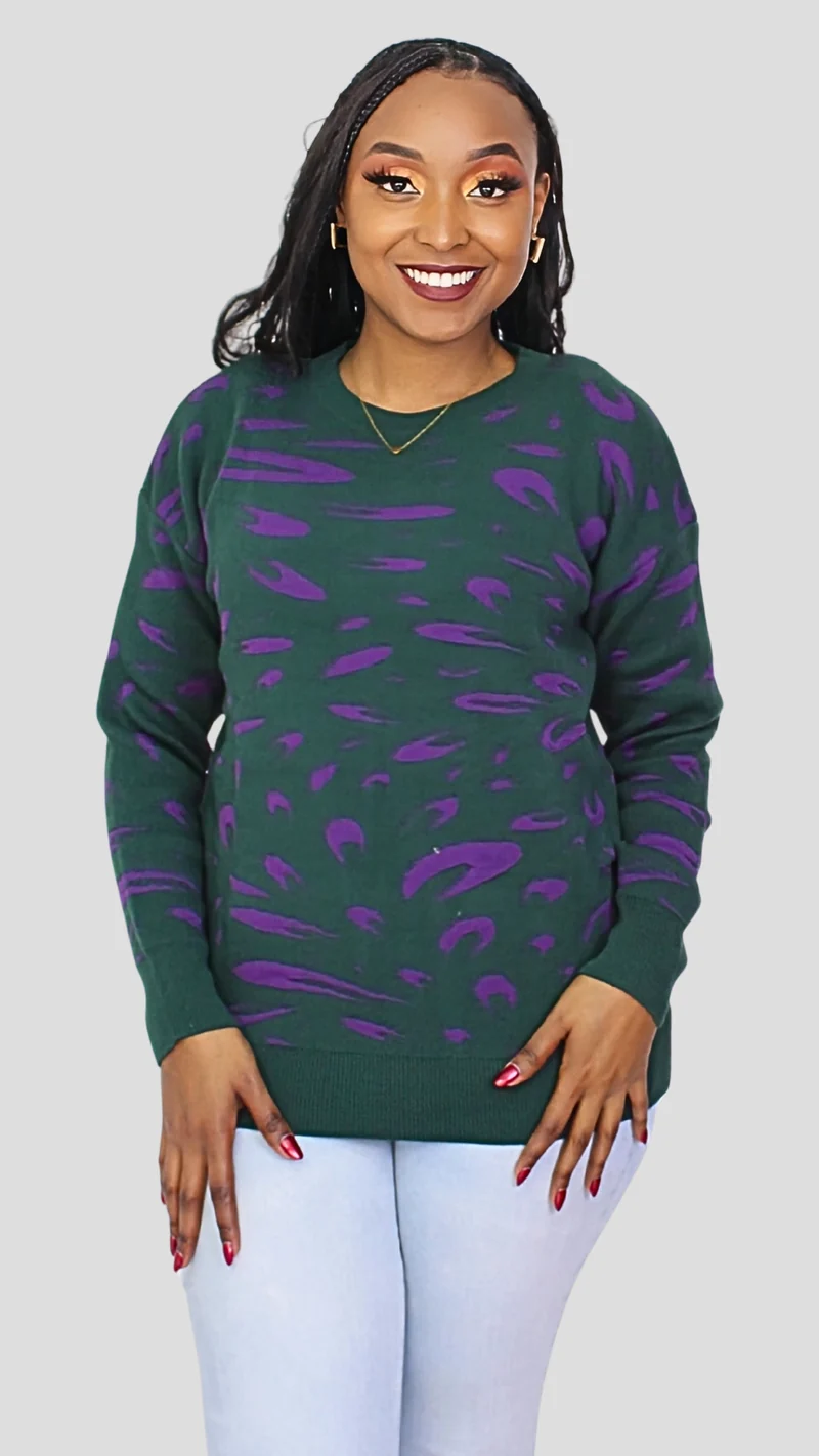 The Fashion Frenzy Printed Pullover Sweater - Green