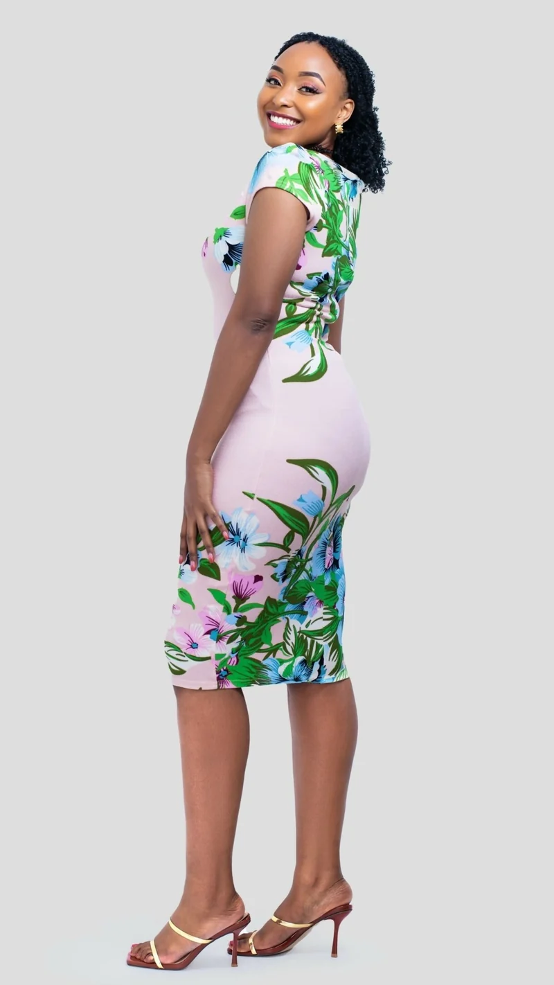 The Fashion Frenzy Blush Floral Bodycon Dress - Cream