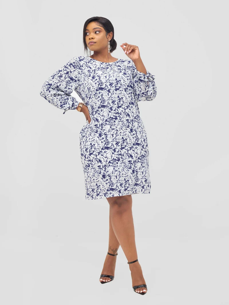 The Fashion Frenzy White and Blue Printed Shift Dress - Navy Blue