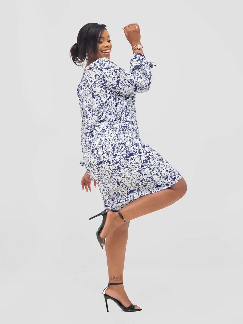 The Fashion Frenzy White and Blue Printed Shift Dress - Navy Blue