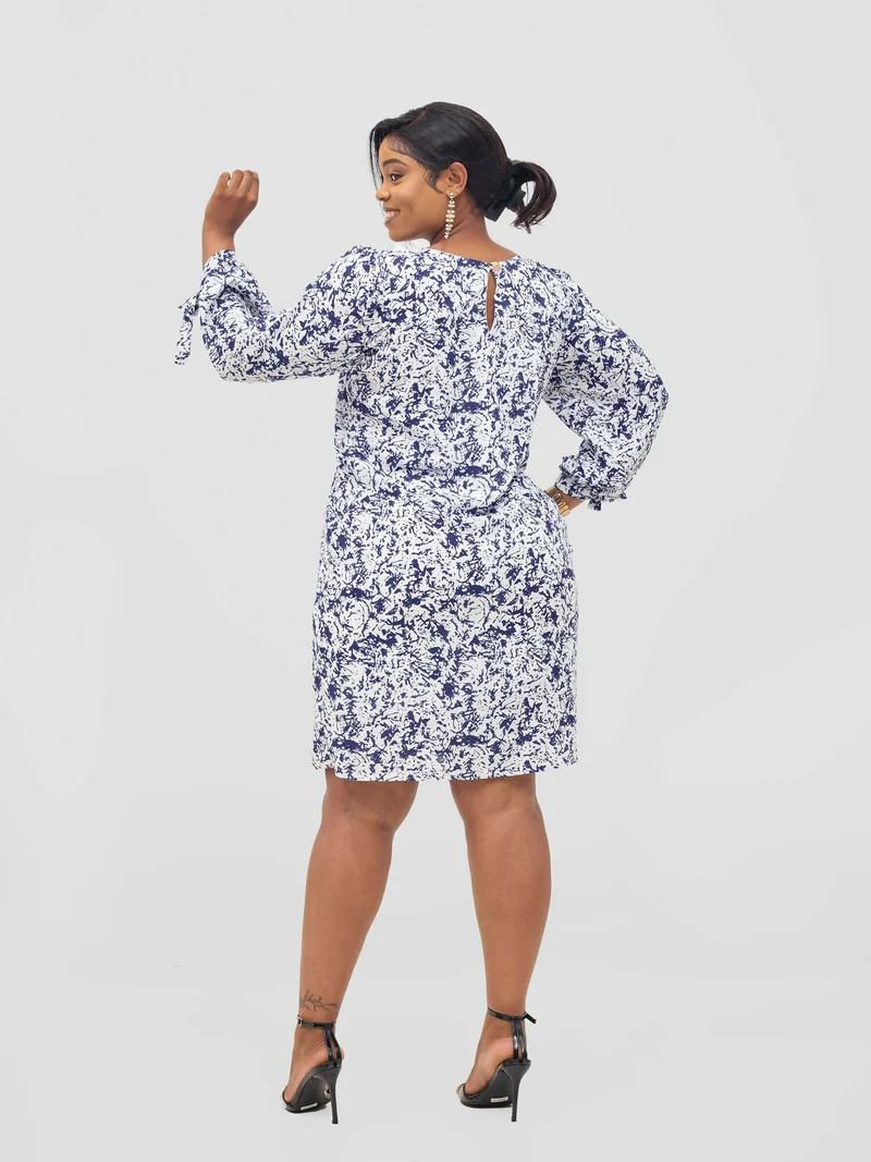 The Fashion Frenzy White and Blue Printed Shift Dress - Navy Blue