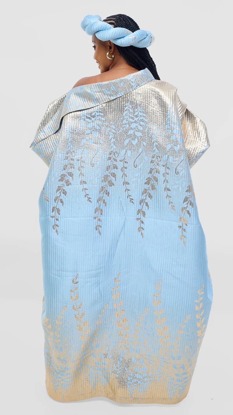 Shona Bold Elegance Brocade Dress With Matching Headpiece - Sky Blue Silver