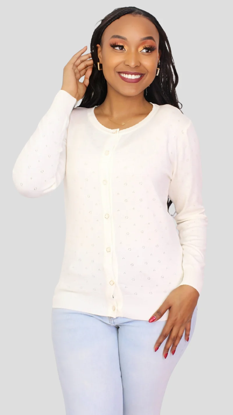 The Fashion Frenzy Pointelle Button Through Knit Cardigan – White
