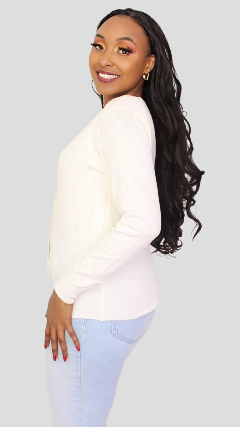 The Fashion Frenzy Pointelle Button Through Knit Cardigan – White