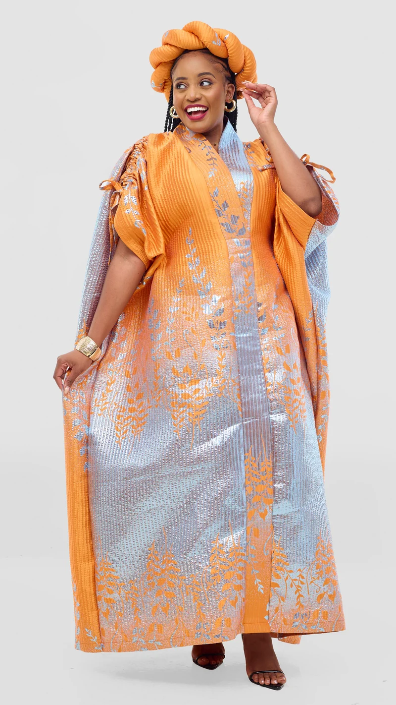 Shona Bold Elegance Brocade Dress With Matching Headpiece - Orange Silver