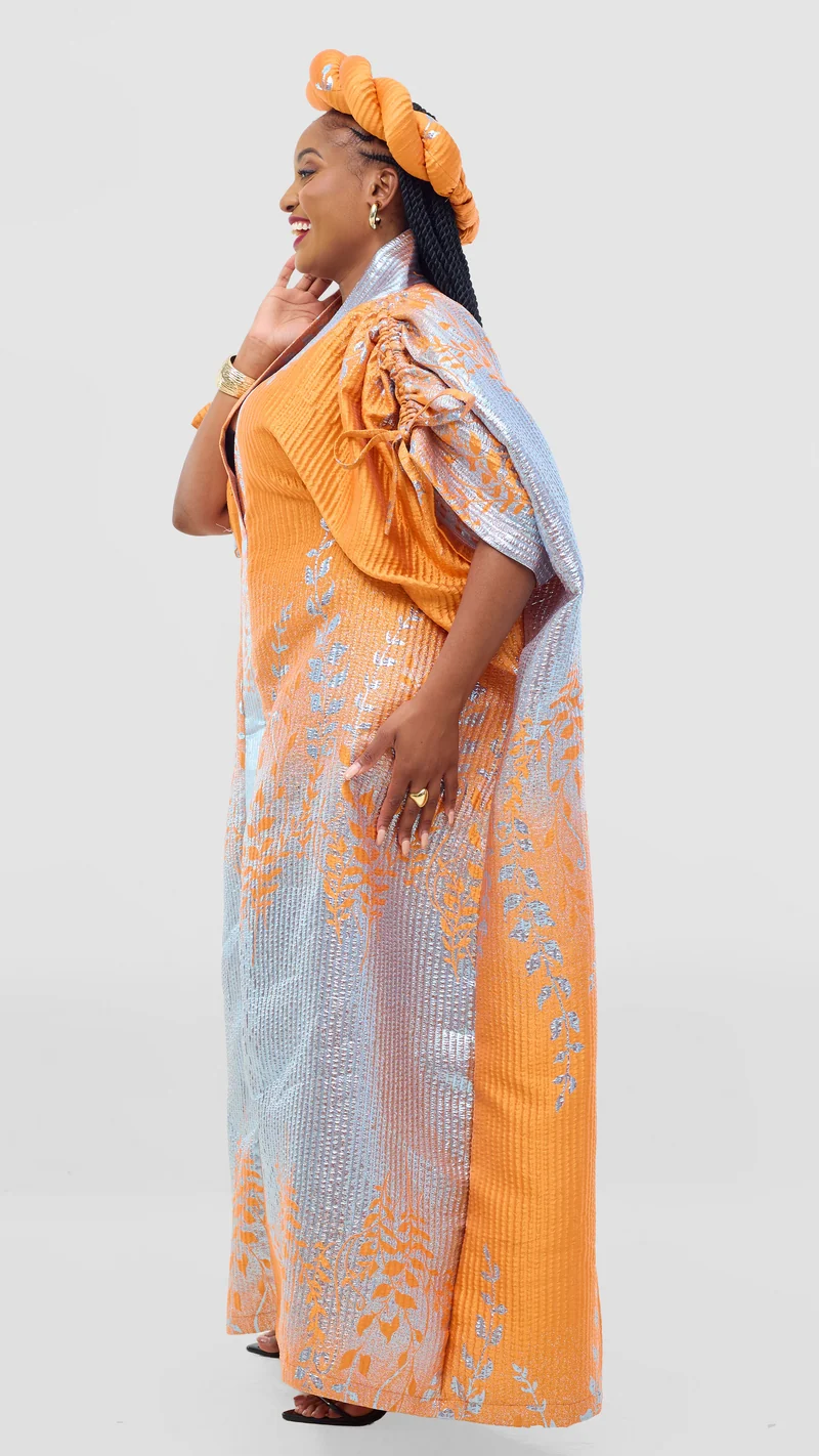 Shona Bold Elegance Brocade Dress With Matching Headpiece - Orange Silver