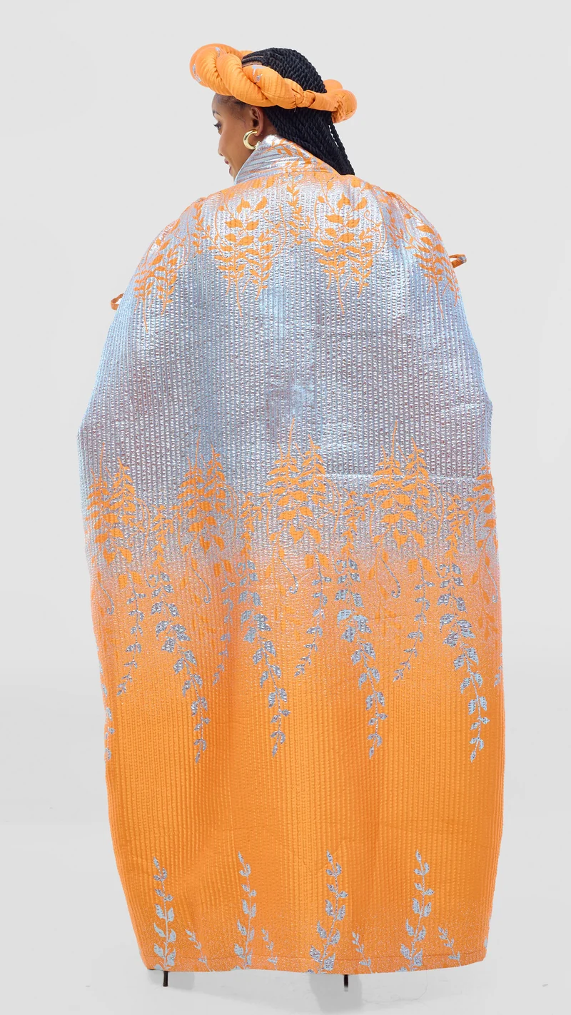 Shona Bold Elegance Brocade Dress With Matching Headpiece - Orange Silver