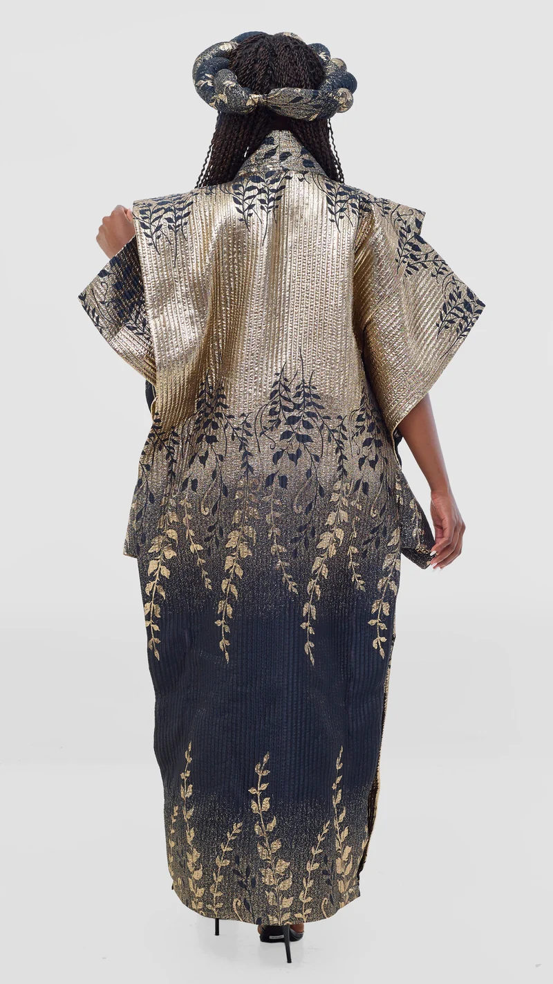 Shona Bold Elegance Brocade Dress With Matching Headpiece - Black