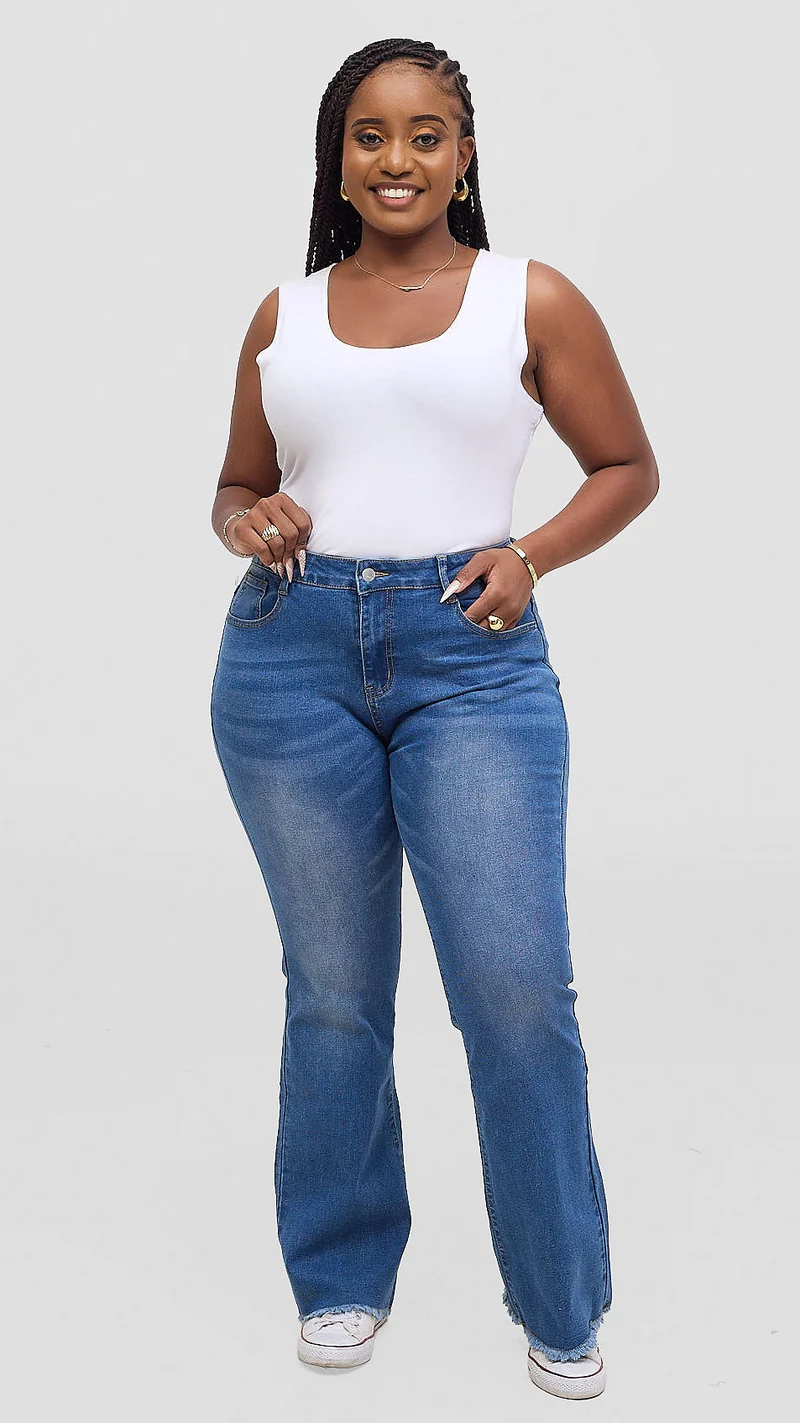 The Fashion Frenzy Urban Fray Detail Flare Jean - Blue