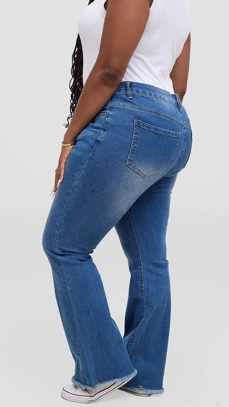The Fashion Frenzy Urban Fray Detail Flare Jean - Blue