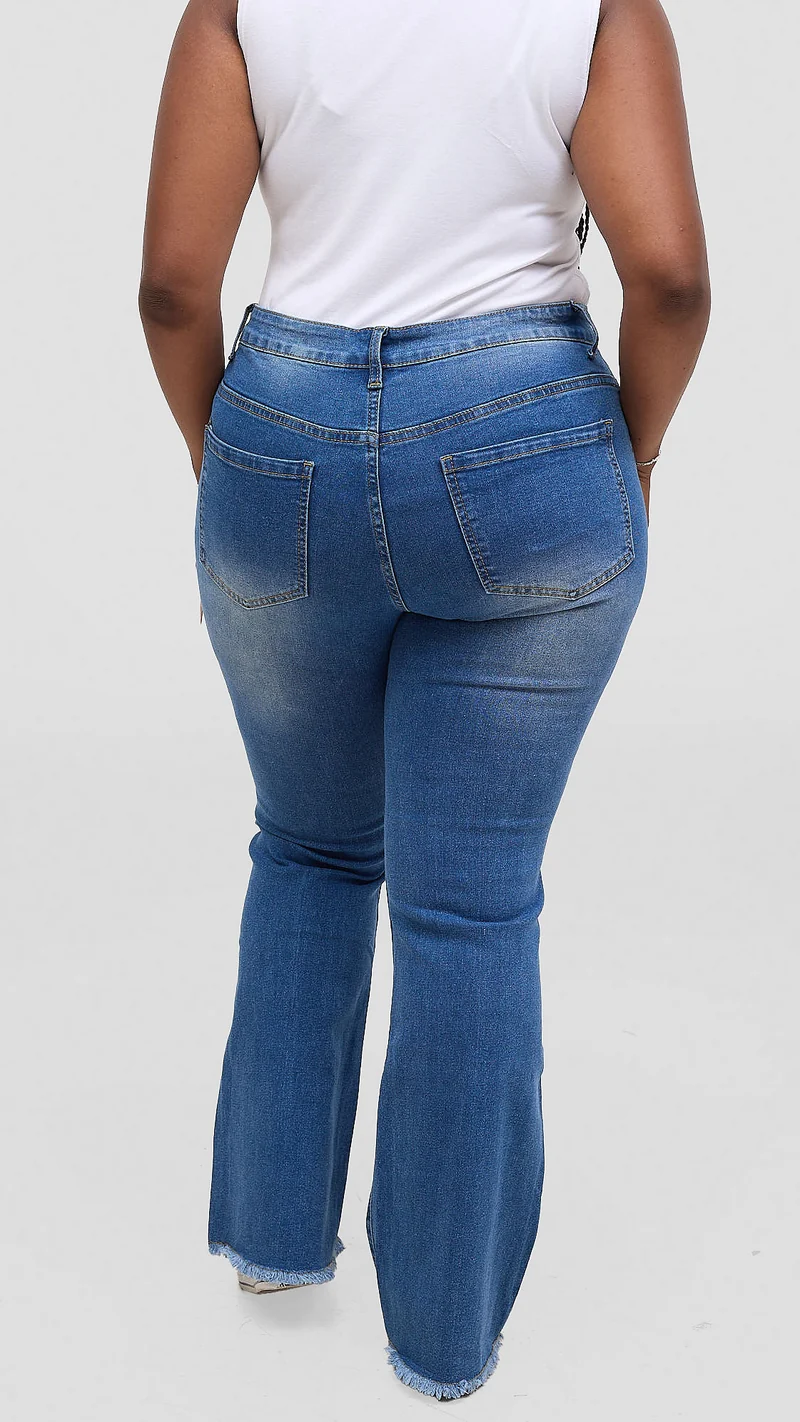 The Fashion Frenzy Urban Fray Detail Flare Jean - Blue