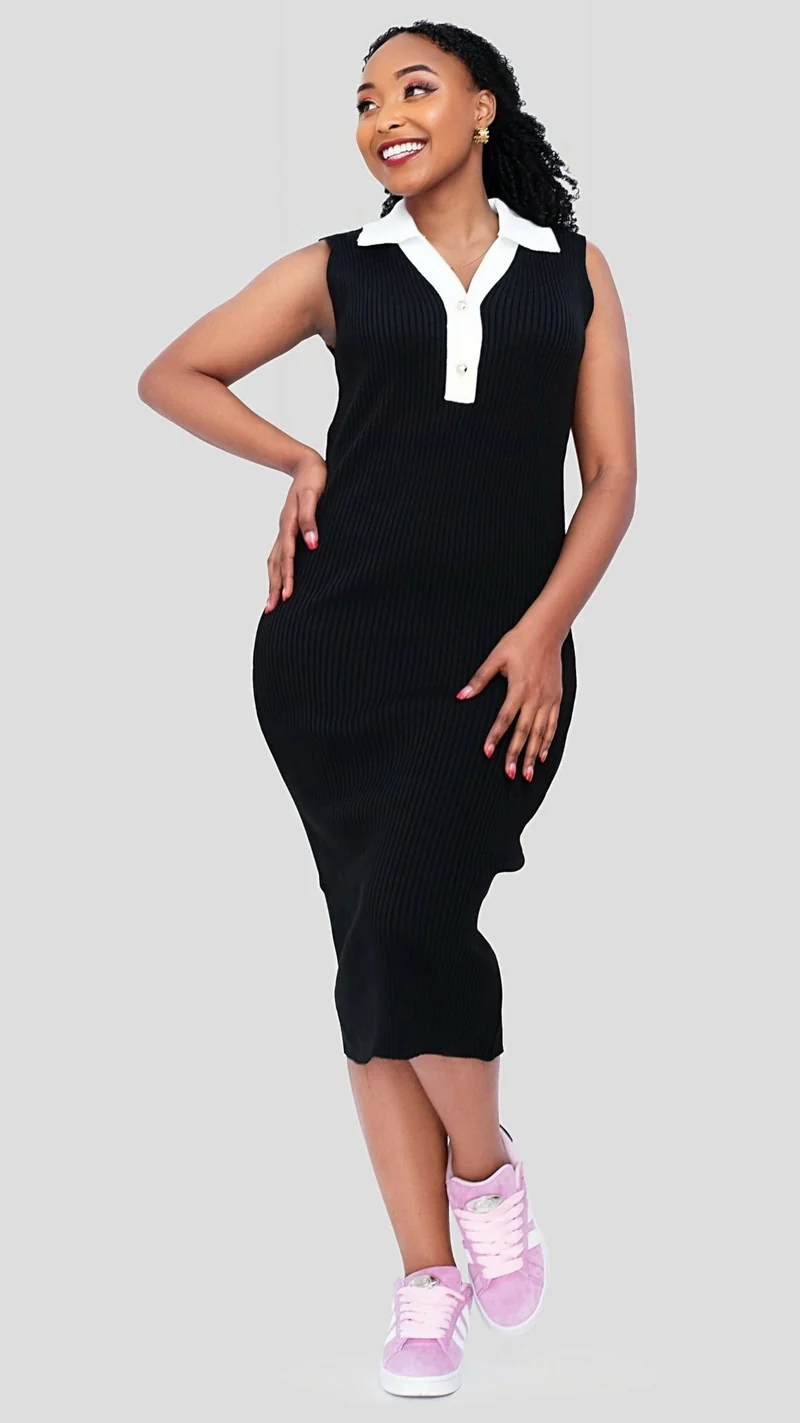 The Fashion Frenzy Polo Collared Bodycon - Black