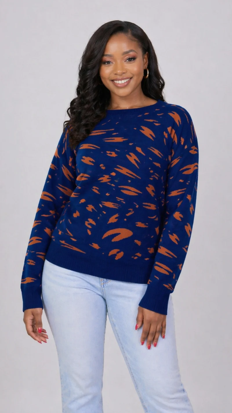 The Fashion Frenzy Printed Pullover Sweater - Navy Blue