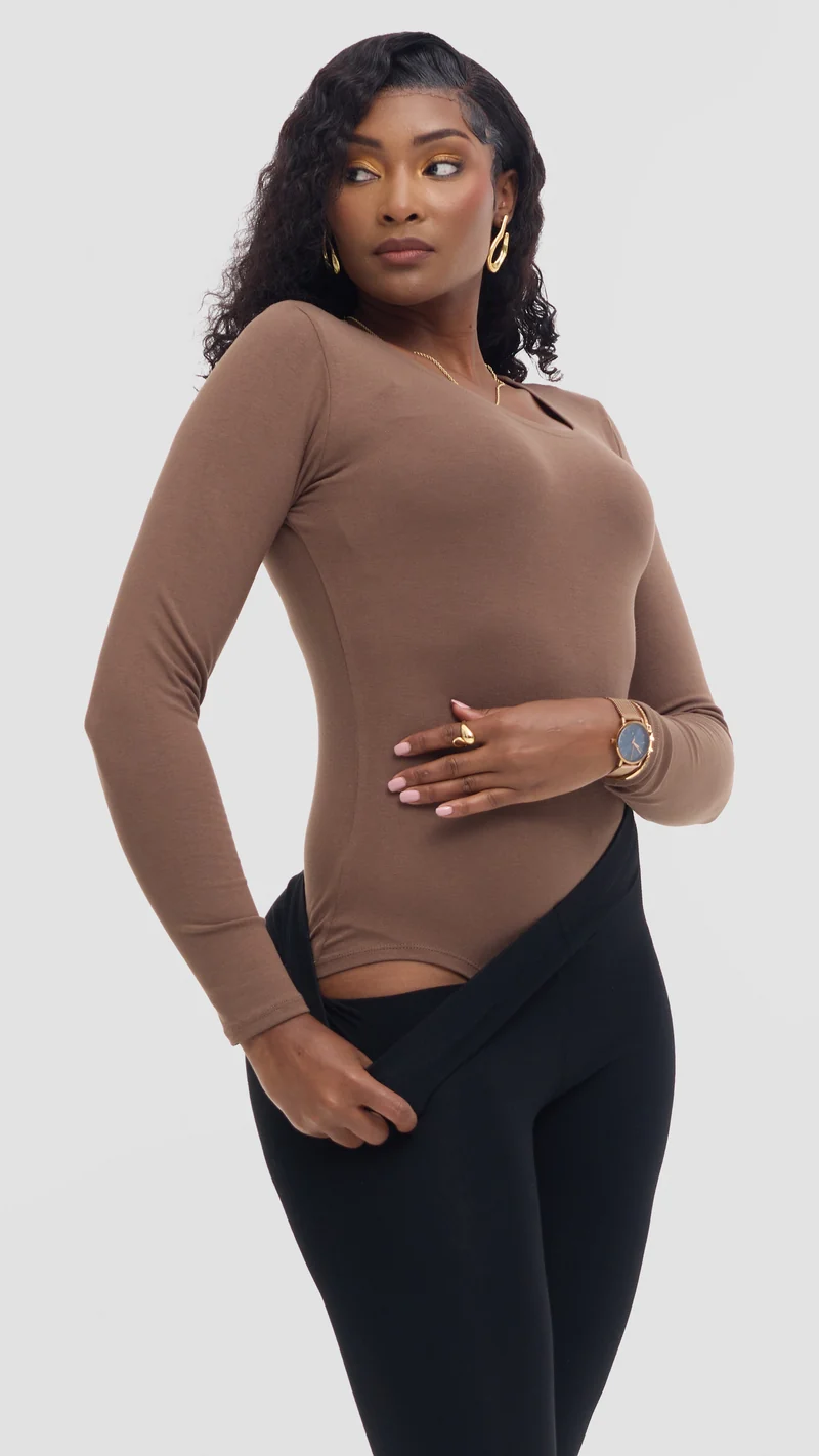 Vivo Basic Long Sleeve Bodysuit in Jersey - Dark Taupe