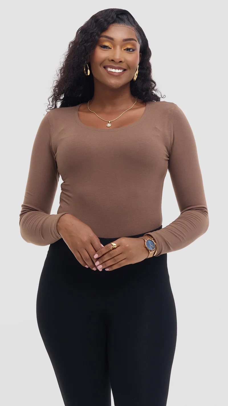 Vivo Basic Long Sleeve Bodysuit in Jersey - Dark Taupe