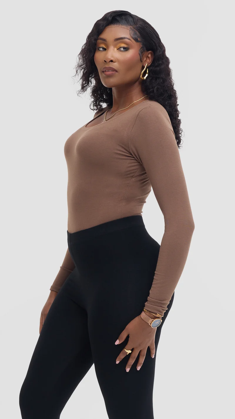 Vivo Basic Long Sleeve Bodysuit in Jersey - Dark Taupe
