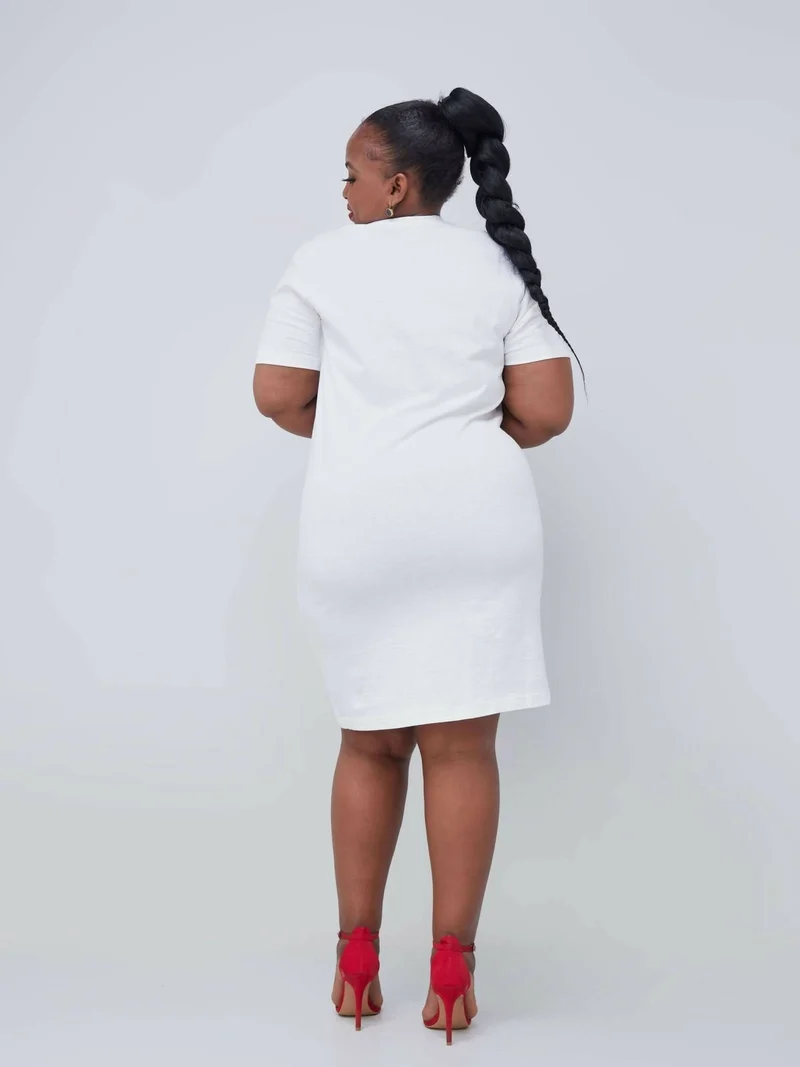 Vazi Afriq Cotton Jersey T-Shirt Dress - White / Black Print