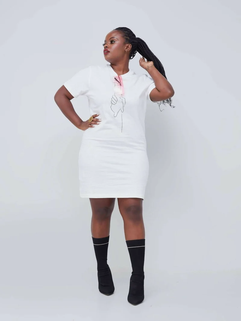 Vazi Afriq Cotton Jersey T-Shirt Dress - White / Black Print