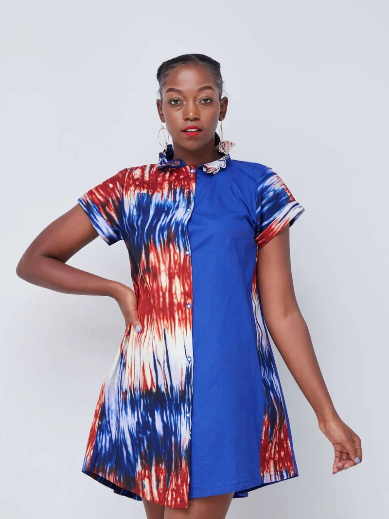 Vazi Afriq Cotton Ankara Shirt Dress - Blue