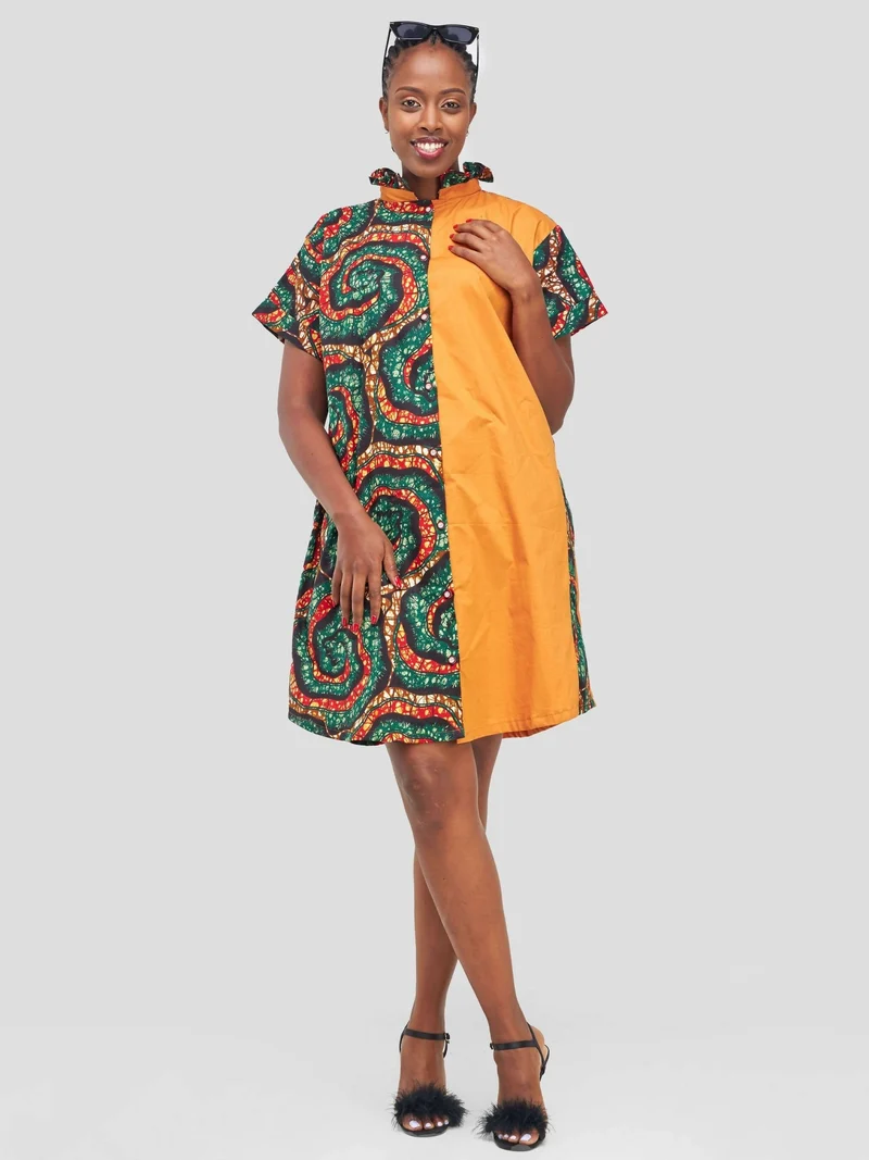 Vazi Afriq Cotton Ankara Shirt Dress - Green / Brown