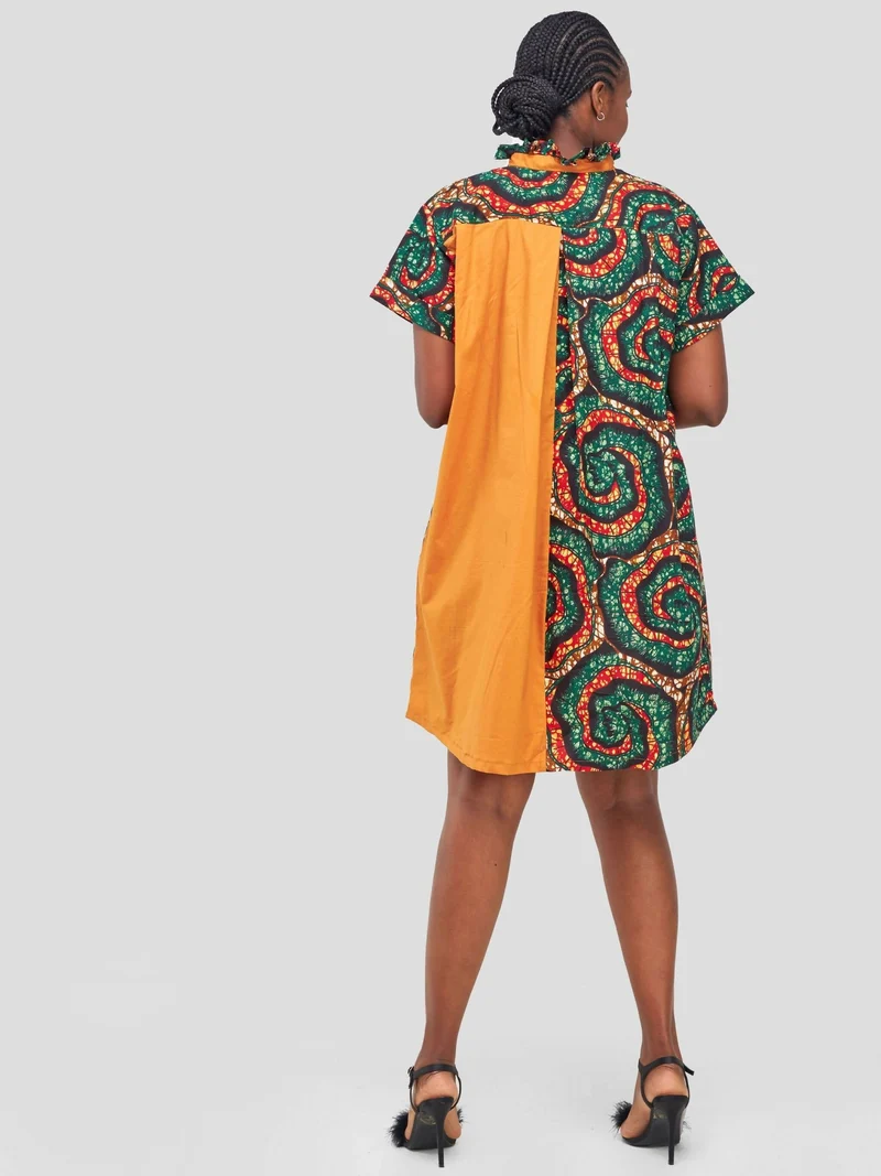 Vazi Afriq Cotton Ankara Shirt Dress - Green / Brown