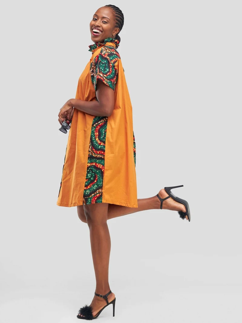 Vazi Afriq Cotton Ankara Shirt Dress - Green / Brown
