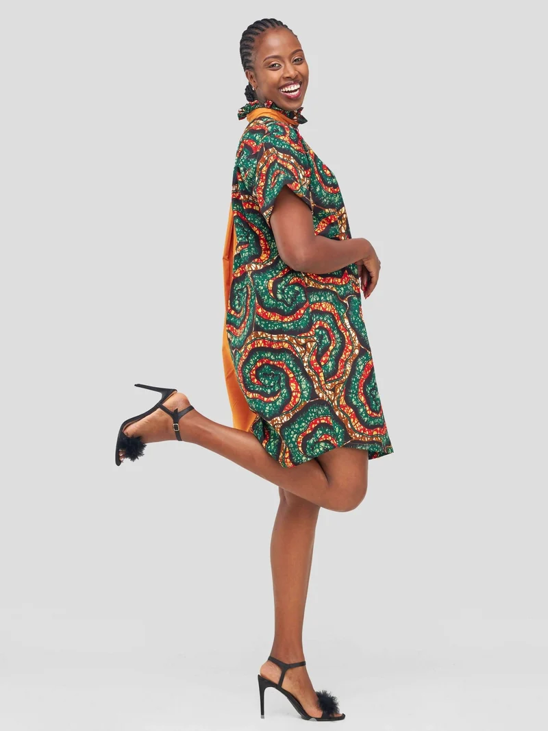 Vazi Afriq Cotton Ankara Shirt Dress - Green / Brown