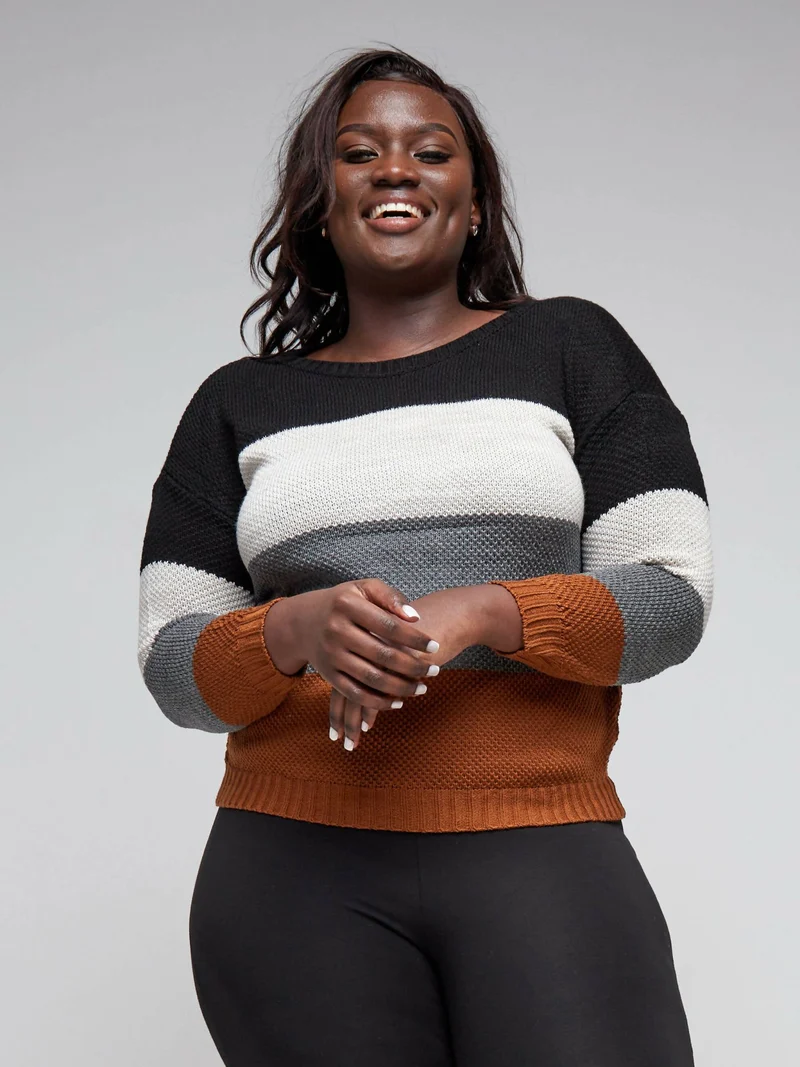 The Fashion Frenzy Round Neck Pullover Sweater - Brown Colour Block