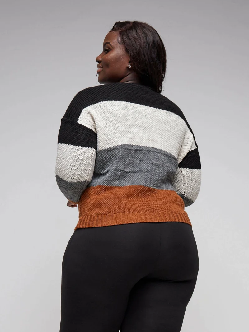 The Fashion Frenzy Round Neck Pullover Sweater - Brown Colour Block
