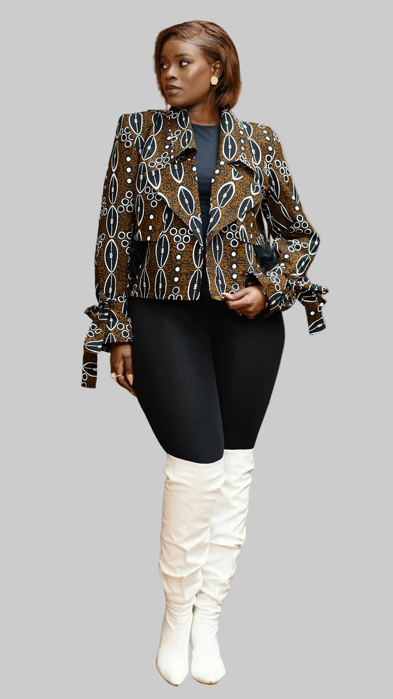 Plainchic Cropped Jacket – Brown Geometric Print