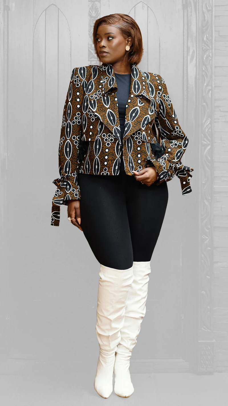 Plainchic Cropped Jacket – Brown Geometric Print