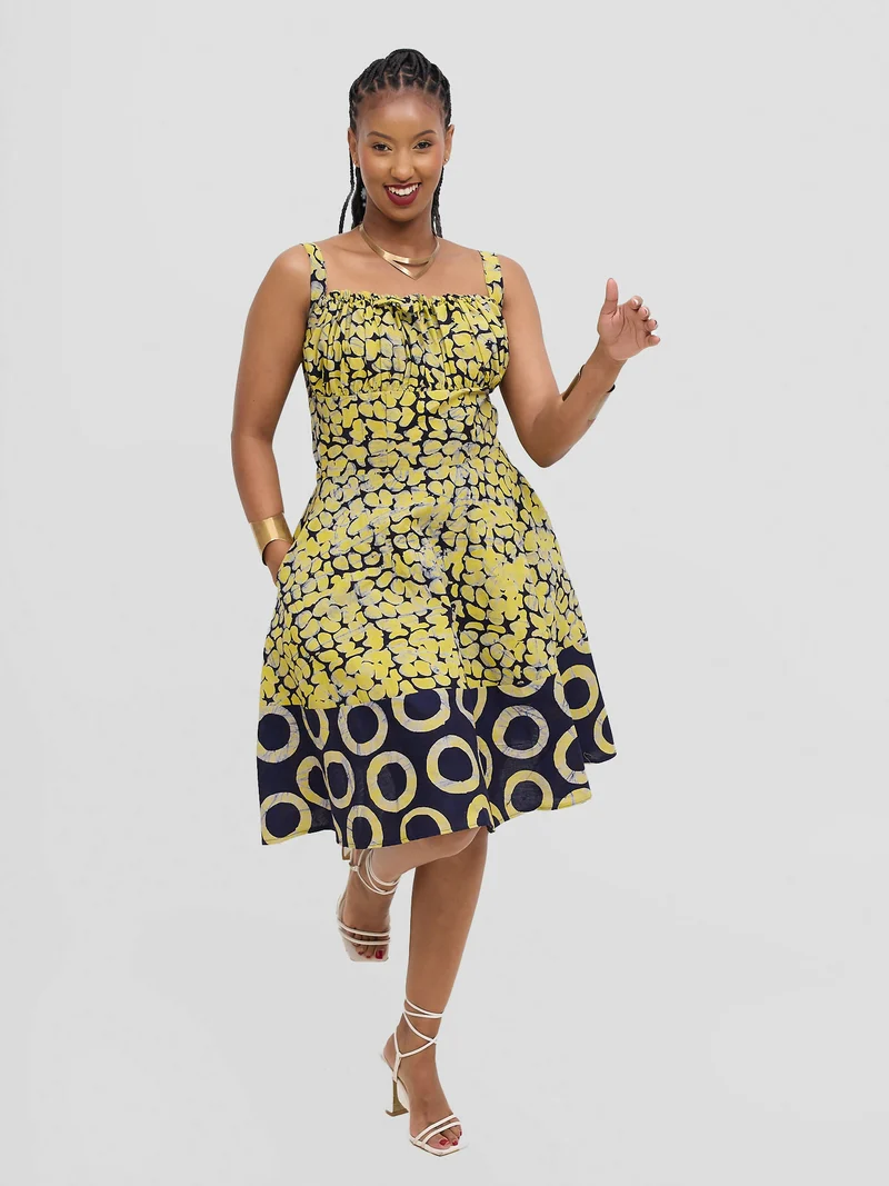 The Fashion Frenzy Printed Nuru Corset Skater Dress - Yellow