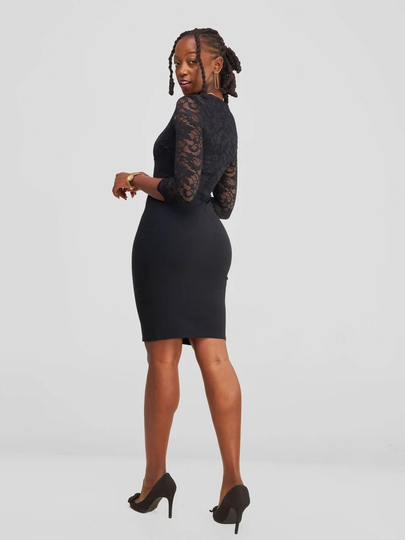 The Fashion Frenzy Box Neck Pencil Bodycon Dress - Black